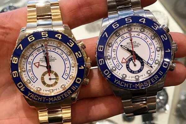 Two chronometer-style Yacht Master watches with digit-heavy dials.
