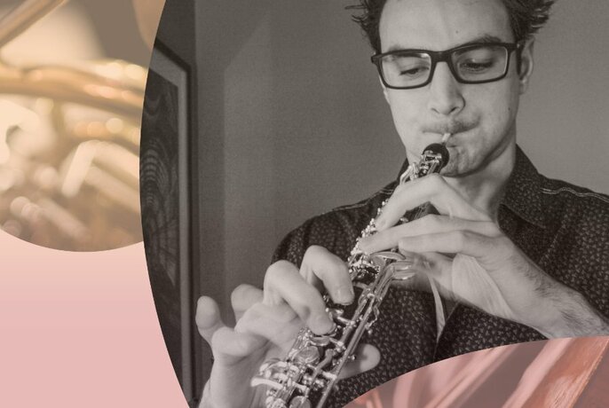Man blowing into the mouthpiece of an oboe that he is holding and playing in his hands; black and white image with an overlaid half graphic of a close up of an oboe.