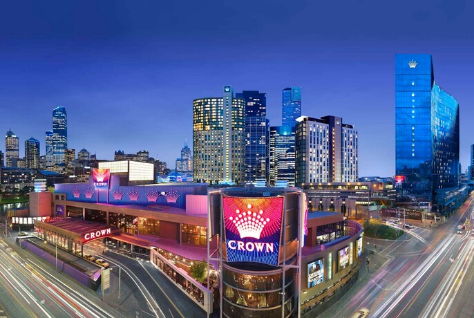 Aerial view of Crown Melbourne at night.