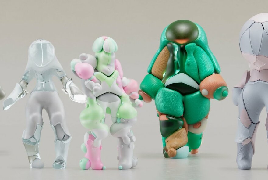 Futuristic rubbery and organic colourful figures standing on a white floor.