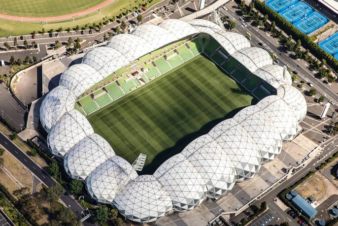 Aerial view of AAMI Park stadium showing domed roof.