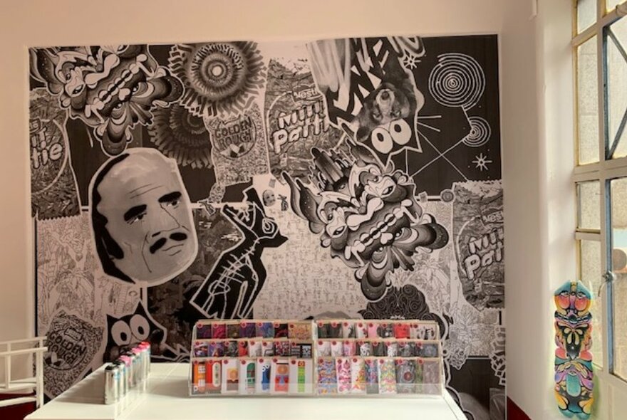 Interior of Pasteup shop showing a white counter displaying products for sale and the large graphic artwork on the rear wall.