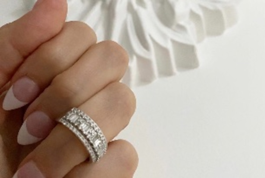 WDiamond ring on a woman's finger.