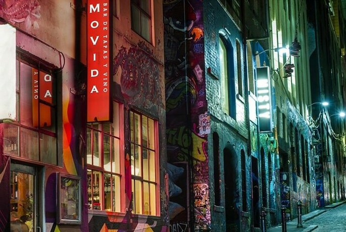 Night view of the exterior on MoVida in Hosier Lane.