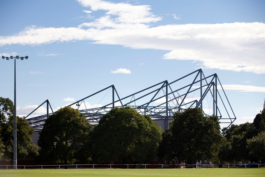 Stadium support structure and trees at Ikon Park.