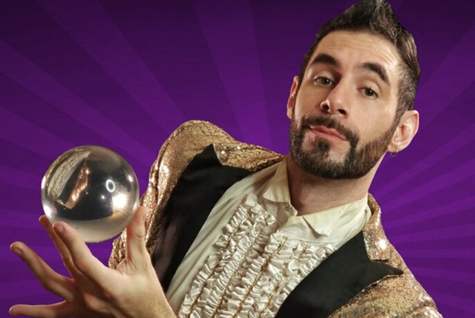 A magician holding a crystal ball against a purple background. 