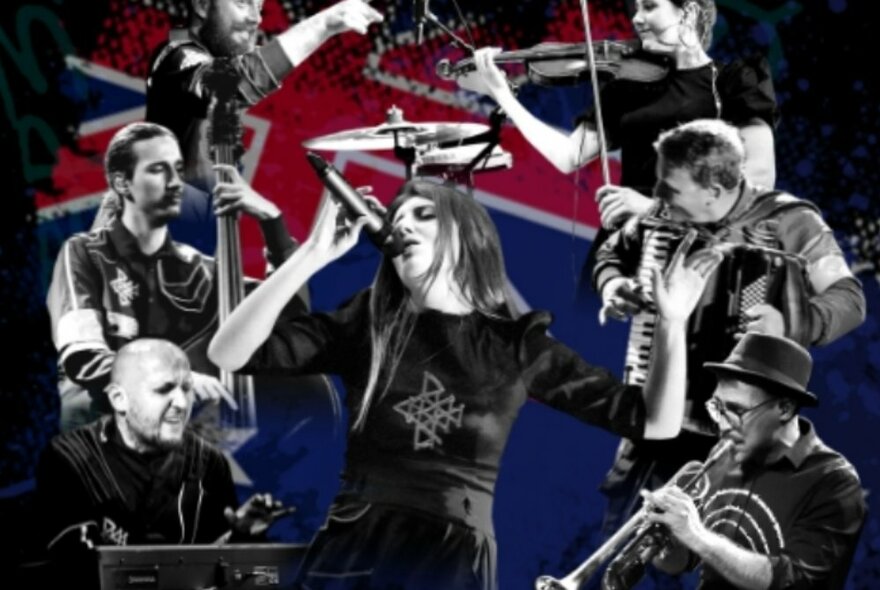 Collage in black and white including central female singer with microphone surrounded by musicians including trumpeter, drummer and keyboard player.