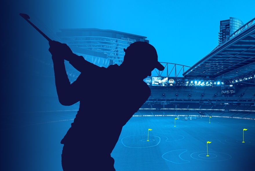 A silhouette of a person swinging a golf club with a blue-lit Marvel Stadium behind.