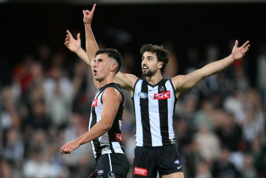 Two Collingwood AFL football players in black and white striped jerseys with their arms in the air.