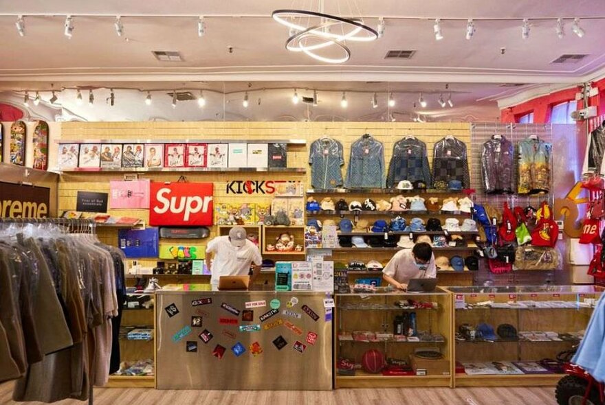 A shop counter in a busy streetwear store
