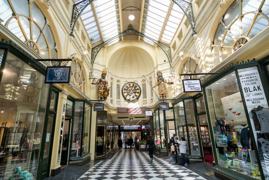 Heritage-listed Royal Arcade undercover shopping arcade with glass roof and arched windows above each store.