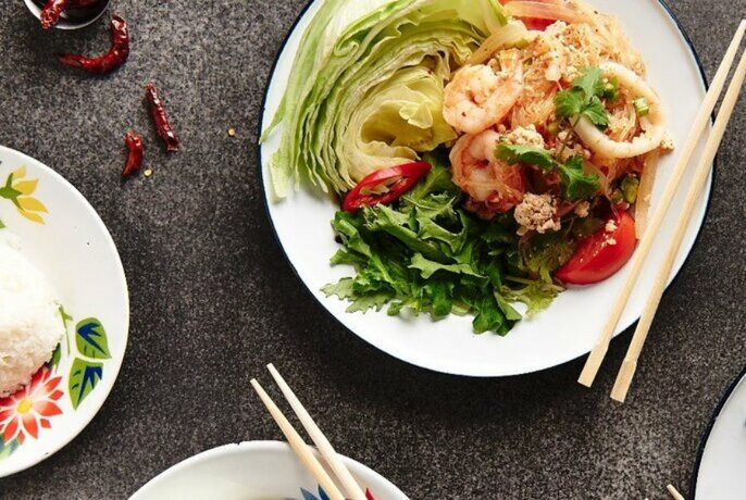 Thai prawn salad and chopsticks.