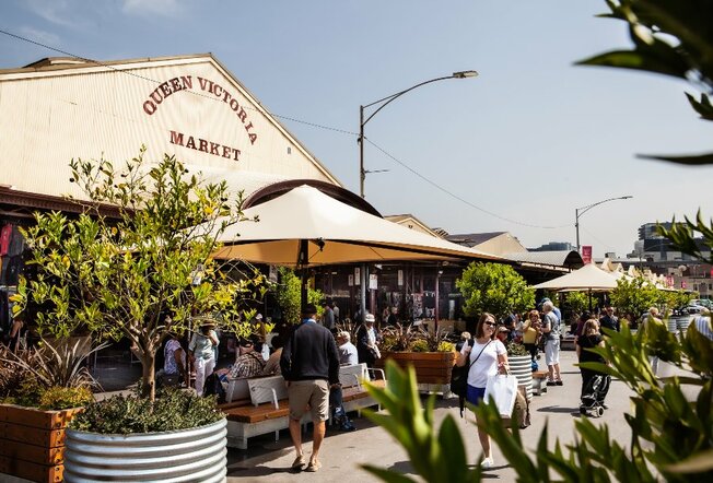Shoppers outside Queen Victoria Market.