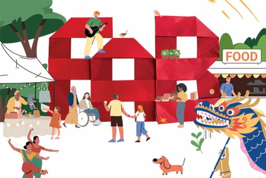 An illustration with people in a park, dancers, a dragon, a dog, stalls and large red letters spelling out FAB.