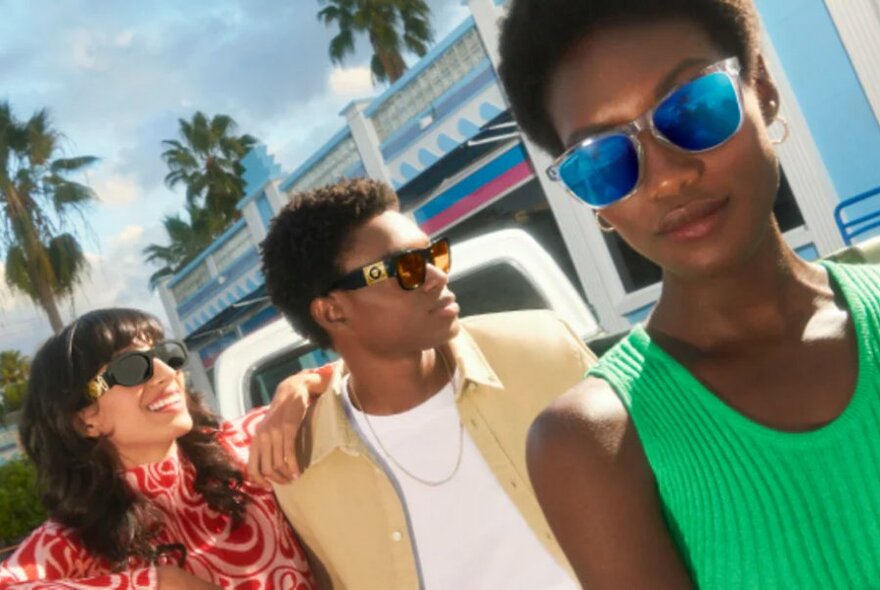 Three models posing outdoors wearing sunglasses.