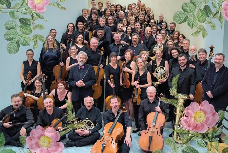 Corpus Medicorum orchestra arranged in a triangle, with cellists at base and choir at top, superimposed with roses.