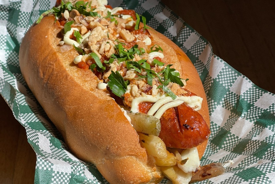 Gourmet hot dog on green and white serviette.