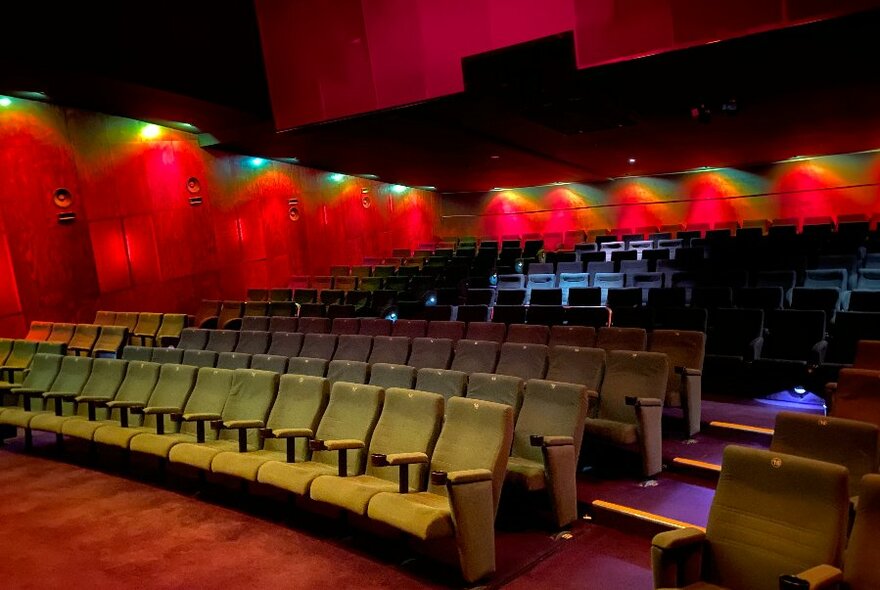 Rows of theatre seating in an intimate cinema space.