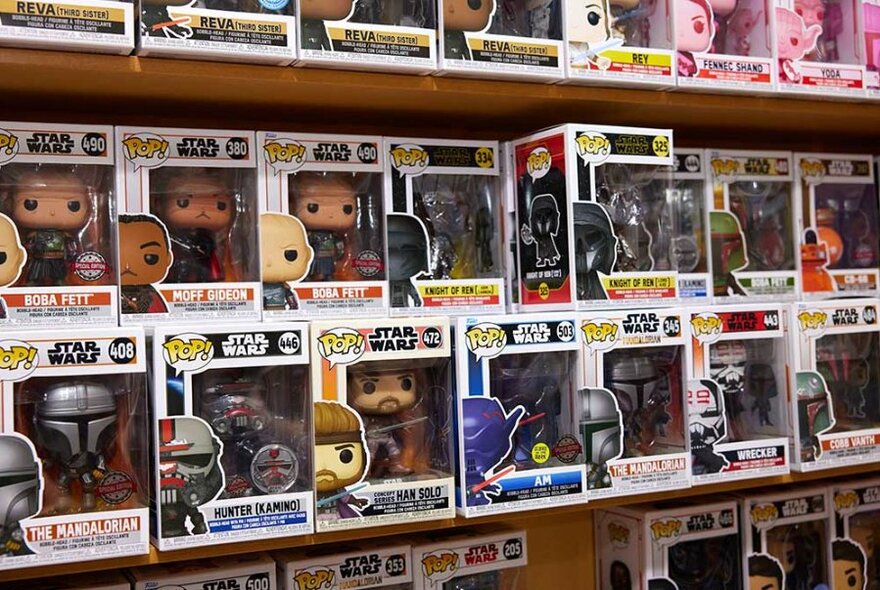 A display of Star Wars characters pop vinyls.