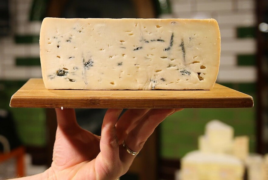 Hand presenting a large piece of blue vein cheese on a board.