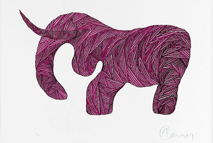 A painting of an abstract animal with a trunk and tusk in shades of purple and red.