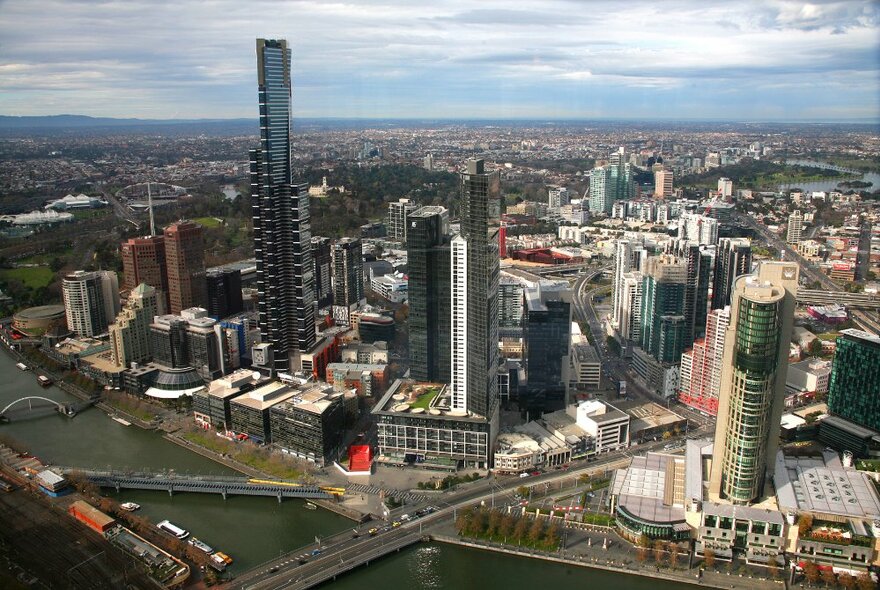 Queensbridge Square from above with bridge over the Yarra River and Southbank towers.