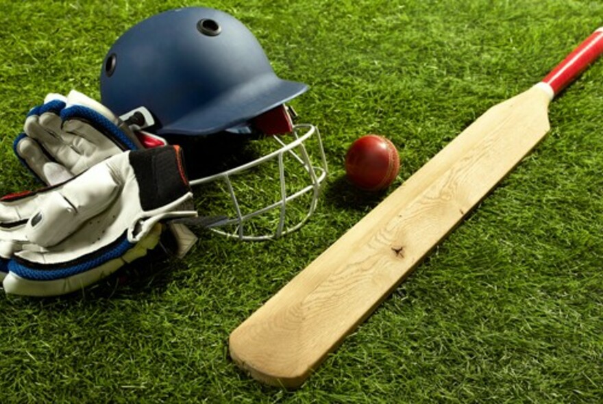 Cricket equipment including bat, ball, helmet and gloves lying on grass.