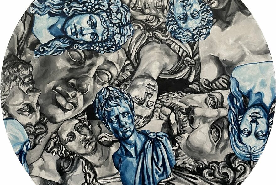 Monochromatic oil painting of many classical Roman busts and statues crowded together in a giant collage formation.
