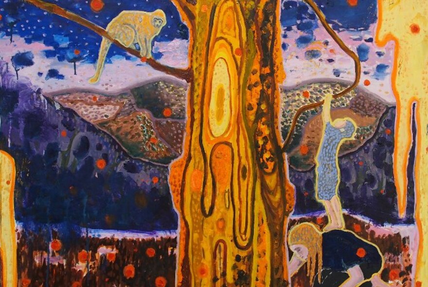 Colourful artwork of monkeys and people in a treed landscape.