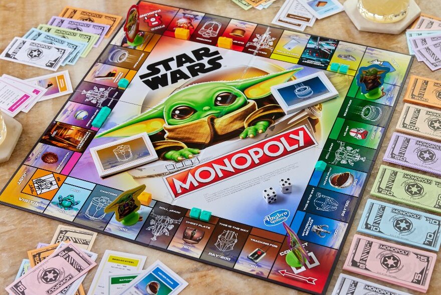 A baby Yoda Monopoly board game