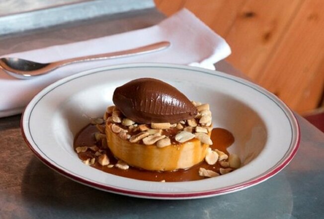 A chocolate and peanut butter dessert on a plate