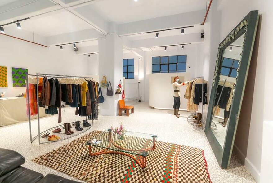 A boutique with a rack of clothing and modern furniture.