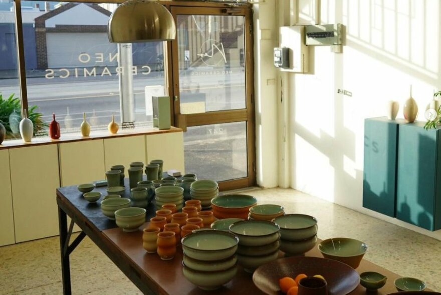 A pottery studio shopfront with a table loaded with ceramic bowls, plates and cups, in front of a bright window looking onto a street.