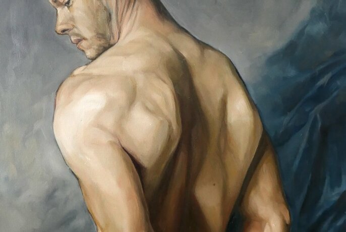 Figurative painting of the naked and muscled back of a man, the side of his face in profile looking down.