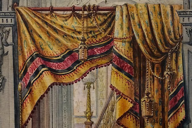 Painting of decorative wall hanging and Victorian-era interior decoration.