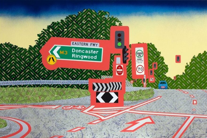 A bright artwork depicting a freeway turn off, road and traffic signage, traffic lights and cars.