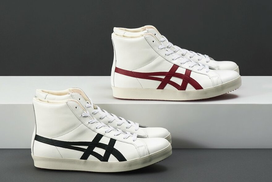 Two pairs of Onitsuka Tiger high basketball shoes.
