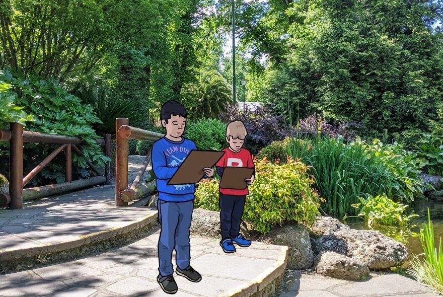 Illustrations of two children with clipboards in (real) garden setting.