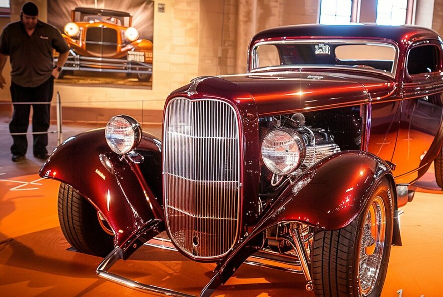 A customised red hot rod car on display in an expo showroom.