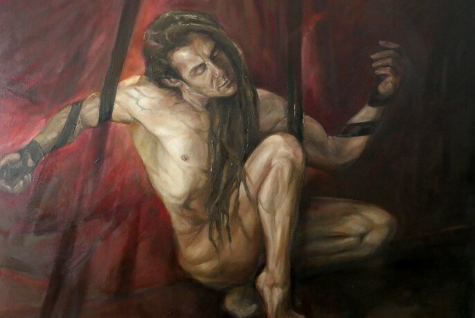 Painting of a nude man, his dreadlocked hair falling to one side, posed against a red cloth.