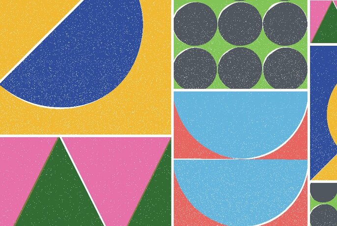 Artwork featuring various coloured shapes in block styles.