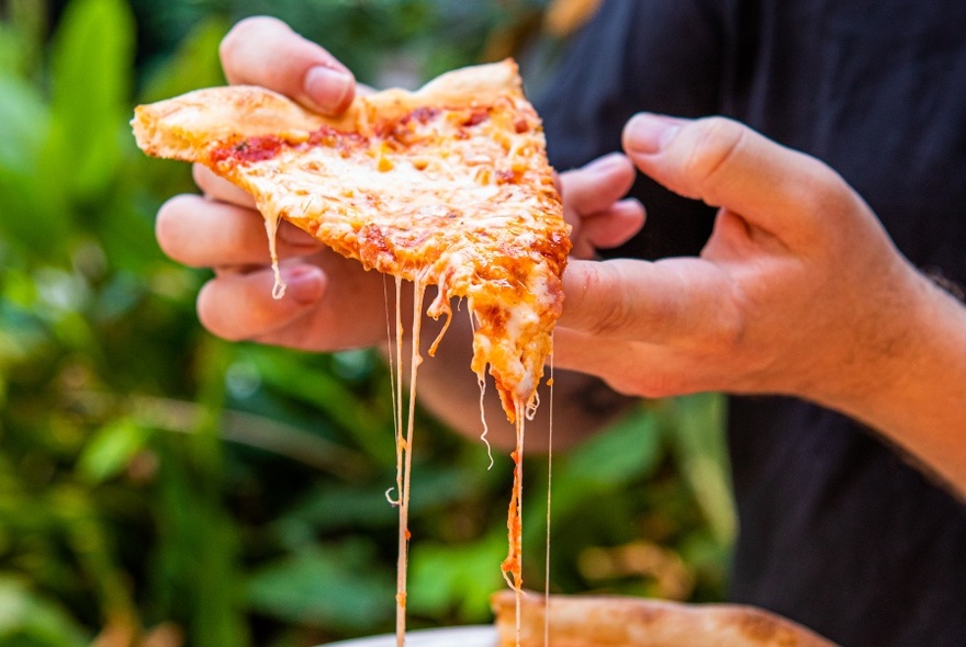 A slice of pizza, oozing melted cheese, being held by a pair of hands, in front of a green leafy background.