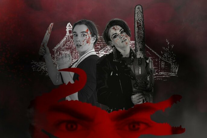 Two women, one with a chainsaw, splattered with blood with images all around them. 
