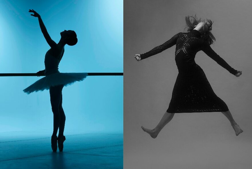 A split image, with a classical ballet dancer at the barre on the left, and a contemporary ballet dancer in a black dress jumping with legs apart on the right.