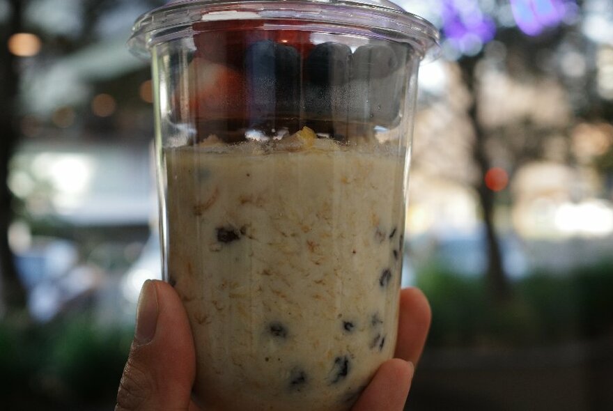 Cream-coloured drink with seeds at bottom and fruit at top, in plastic cup, held up by hand, blurred landscape behind.