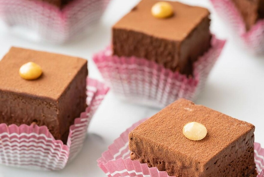 Individual cubes of chocolate mousse cake.