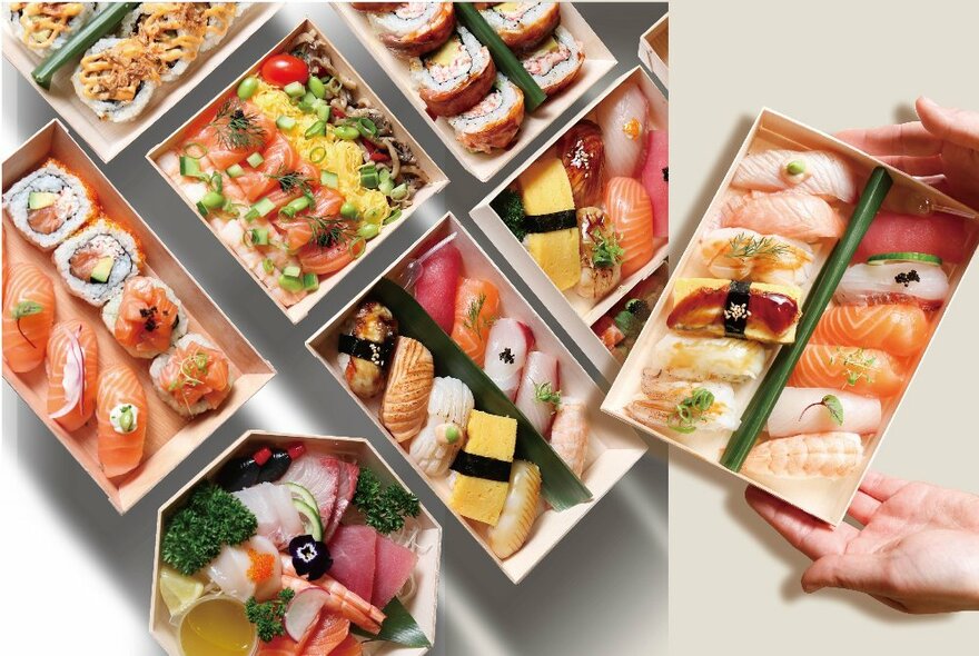 Trays of sushi options featuring prawns and salmon.