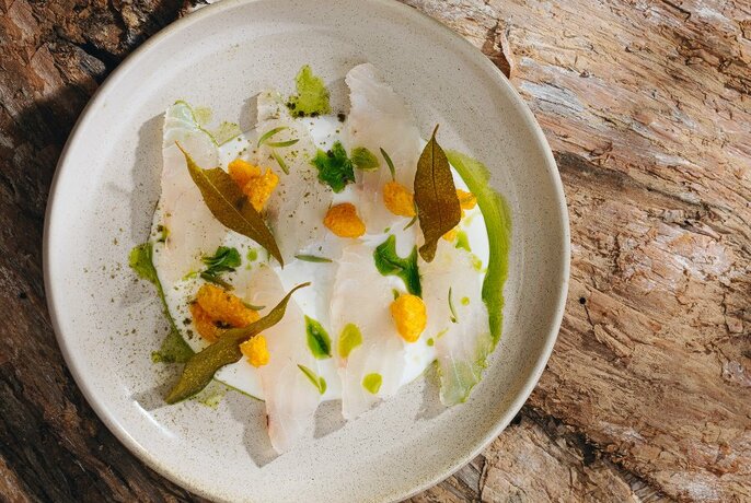 A plate of carefully arranged food with attractive garnishes.