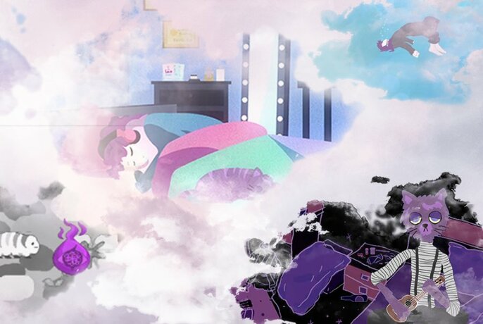 A still image from a video game, showing a cat playing a guitar and clouds revealing a person in bed asleep. 