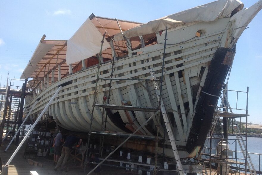 The Alma Doepel ship stripped down and being repaired. 